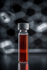 Minimalist vial with red liquid on futuristic background represents biotechnology, medical research, and pharmaceutical innovation for modern healthcare solutions.