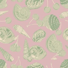 Cherry Seashell Seamless Pattern, Summer Coastal Digital Paper, Fruit Beach Printable Background
