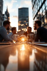 Business team meeting outdoors sunset with modern city skyline background. Glass sphere, water glasses on table symbolize creativity, teamwork, innovative collaboration in corporate environments.