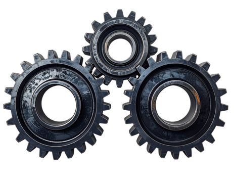 Three Interlocked Dark-Grey Gears, Front View, Clean Metal Finish, Isolated on Transparent Background