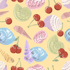 Cherry Seashell Seamless Pattern, Summer Coastal Digital Paper, Fruit Beach Printable Background
