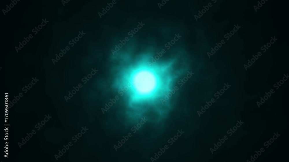 Poster blue colored orb with fractal energy patterns flowing gently past central light. black background li
