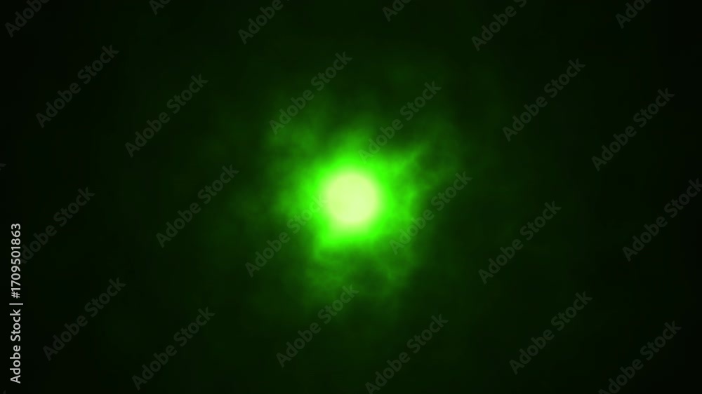 Poster abstract green colored orb with fractal energy patterns flowing gently past central light. black bac