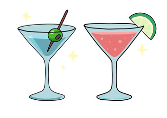 Cartoon illustration of two martini glasses, one with a green olive and the other with a pink cocktail and lime garnish, sparkling with festive stars.