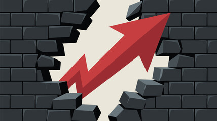 Red arrow breaking through a dark brick wall, symbolizing overcoming obstacles and achieving success