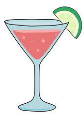 Cartoon illustration of a martini glass filled with a pink cocktail, garnished with a green lime wedge on the rim.