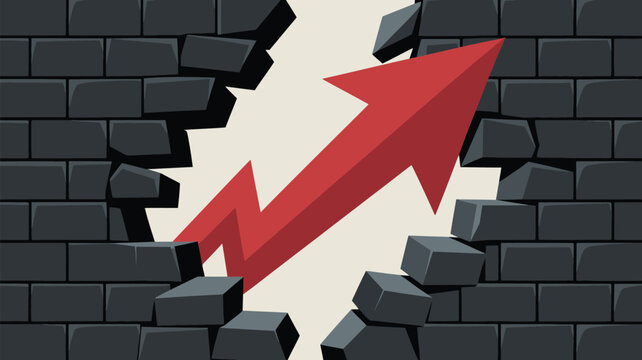 Red arrow breaking through a dark brick wall, symbolizing overcoming obstacles and achieving success