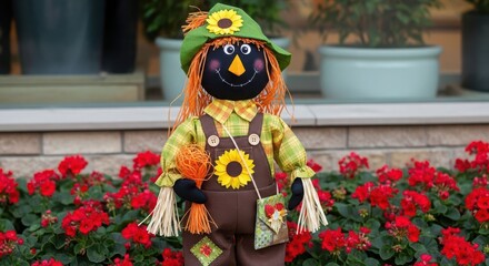 Cute scarecrow doll with sunflowers and red flowers