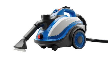 Fototapeta premium A modern, multi-functional cleaning machine, showcasing vibrant blue and white color scheme, is presented in a shot against a black background.