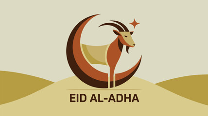 Illustration of a goat standing in front of a crescent moon with a star, eid al adha celebration