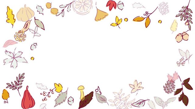 秋の落ち葉と木の実のベクターイラスト。葉っぱの秋植物イラスト。秋の線画背景。Autumn leaves and nuts vector illustration. Autumn plant illustration with leaves. Autumn line art background.