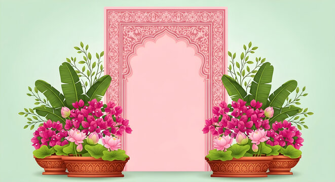 Pink floral archway background with flowers and leaves for wedding or event decoration template design
