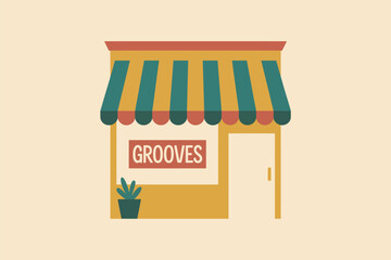 Illustration of a small shop with a striped awning and the word grooves on a sign in the window