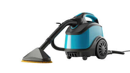 Fototapeta premium A modern, turquoise and gray, upright vacuum cleaner, featuring a brush attachment, is presented on a black background.
