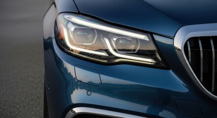 Closeup of the modern led headlight of a sleek, dark blue luxury suv, highlighting its intricate design and technology