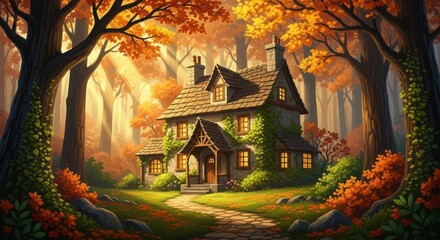 Cozy cottage nestled in a vibrant autumn forest with warm light