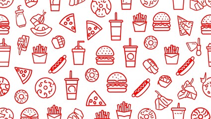 Fast Food Seamless Pattern with Red Outlines on White Background Perfect for Menu Design and Food Themed Projects