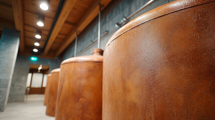 Copper distillery containers in an industrial setting.