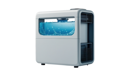 Modern, light gray air humidifier with a blue water reservoir, featuring water droplets and a sleek design.