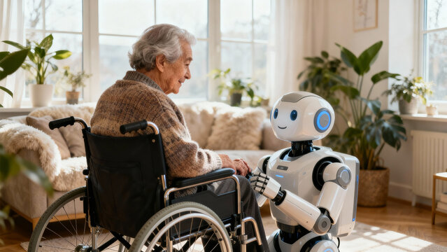 Ai robot for disability support interacts with elderly man in wheelchair at home