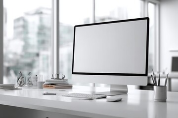 Fototapeta premium blurred background of a modern office interior with a white desk and computer monitor mockup, a minimalist work space for a graphic designer or web developer, with copy space.