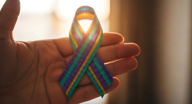 Hand holding teal purple and white ribbon for sexual assault awareness and support concept