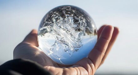 Closeup of a hand holding a clear glass sphere reflecting ice and sky, abstract concept