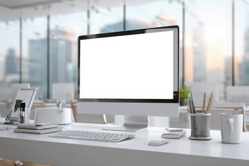 Fototapeta premium blurred background of a modern office interior with a white desk and computer monitor mockup, a minimalist work space for a graphic designer or web developer, with copy space.