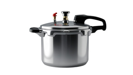 A polished, stainless steel pressure cooker, ideal for fast and efficient cooking, is displayed against a black background.