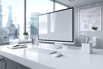 Fototapeta premium blurred background of a modern office interior with a white desk and computer monitor mockup, a minimalist work space for a graphic designer or web developer, with copy space.