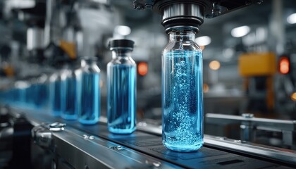 Blue bottles on conveyor, robotic arm
