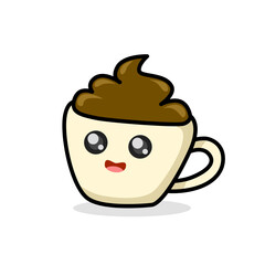 Cute cartoon coffee cup smiles sweetly its frothy brown topping a delicious delight.