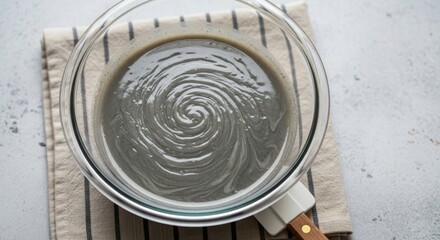 Swirling grey batter in a glass bowl on a striped towel, overhead view