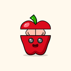 Cute cartoon apple character features big eyes and tiny hands in a playful design.