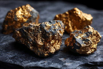 Naklejka premium Gold nuggets gleaming on dark stone surface, representing wealth and investment