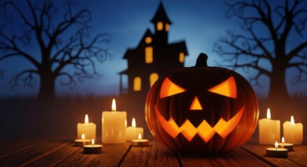 Spooky halloween pumpkin lantern with glowing eyes and mouth, surrounded by candles