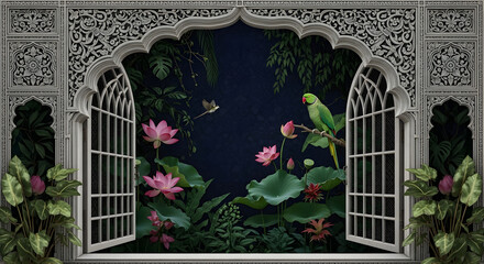 Decorative window view with parrot and lotus flowers wallpaper mural home decor and interior design ideas