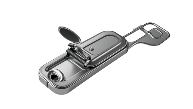 A metallic latch mechanism, highlighted by a sleek design and clean lines, is presented on a black backdrop.