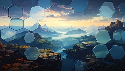 Nested Square Spirals Rotating in Alternating Directions Above a Landscape with Mountains and Water in Pixelated Style and Warm Lighting