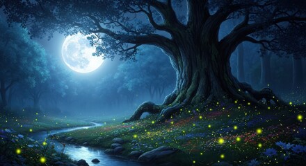 Enchanting forest scene with a large ancient tree, a winding stream, and glowing fireflies under a full moon