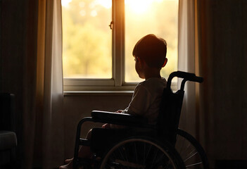 The child is sitting in a wheelchair in front of the window, view from the back
