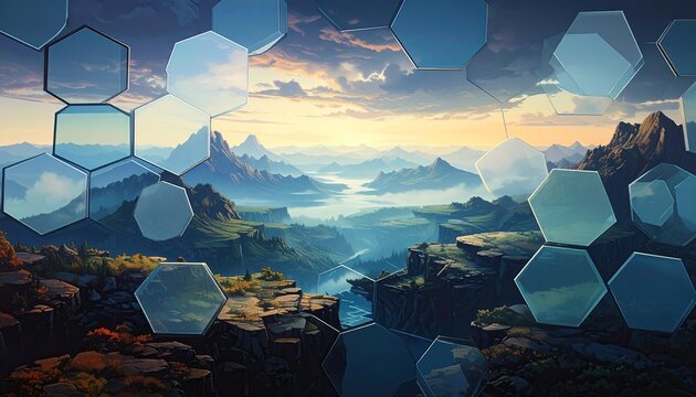 Nested Square Spirals Rotating in Alternating Directions Above a Landscape with Mountains and Water in Pixelated Style and Warm Lighting - Powered by Adobe