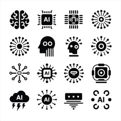 Diverse Set of Artificial Intelligence Icons Brains, Chips, and Data Networks for Modern Technology Concepts