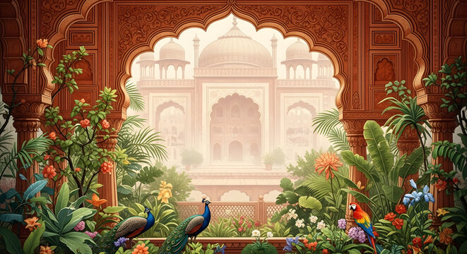 Taj mahal india garden art illustration travel destination architecture landmark tourism beautiful scenery
