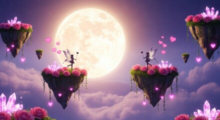 Whimsical fairy scene with floating islands, pink roses, crystals, and hearts against a large moon