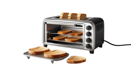 A modern, compact toaster oven, showcasing toasted bread slices, sits on a dark background.