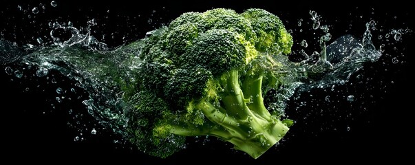A fresh green broccoli head splashes dynamically into water against a stark black background creating an invigorating visual