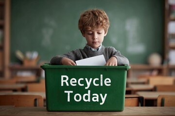 Young boy actively participates in recycling, promoting environm
