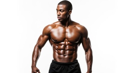 Muscular african american man with welldefined abs and chest, posing powerfully isolated on white background