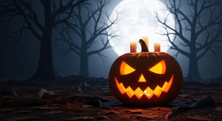 Single carved halloween pumpkin with glowing face in a spooky forest at night